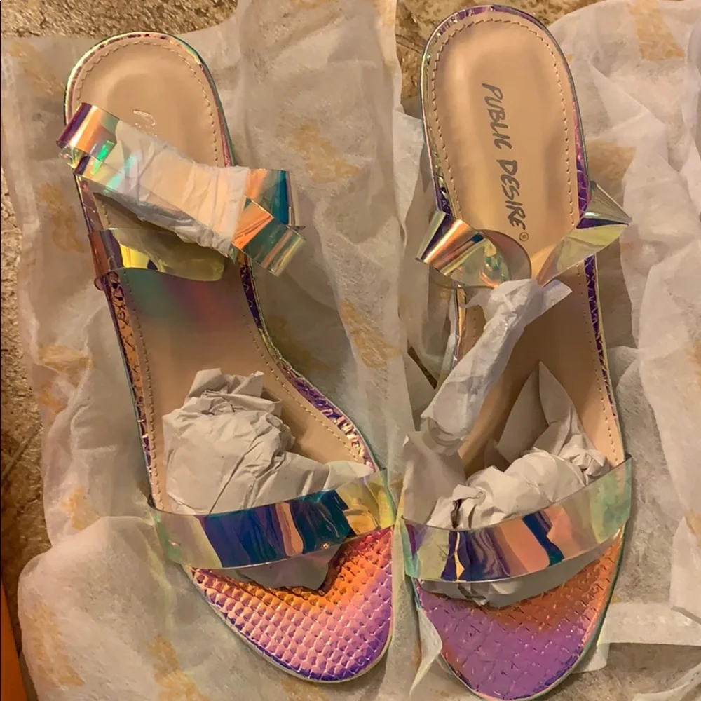 Public Desire Iridescent Holographic Strap Block Heel Sandals